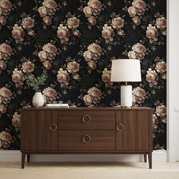 Black Floral Wallpaper Peel Stick Vinyl Removable Wall Decoration Vintage Style Cottage Core Victorian Aesthetic Dark Background Dusty Rose