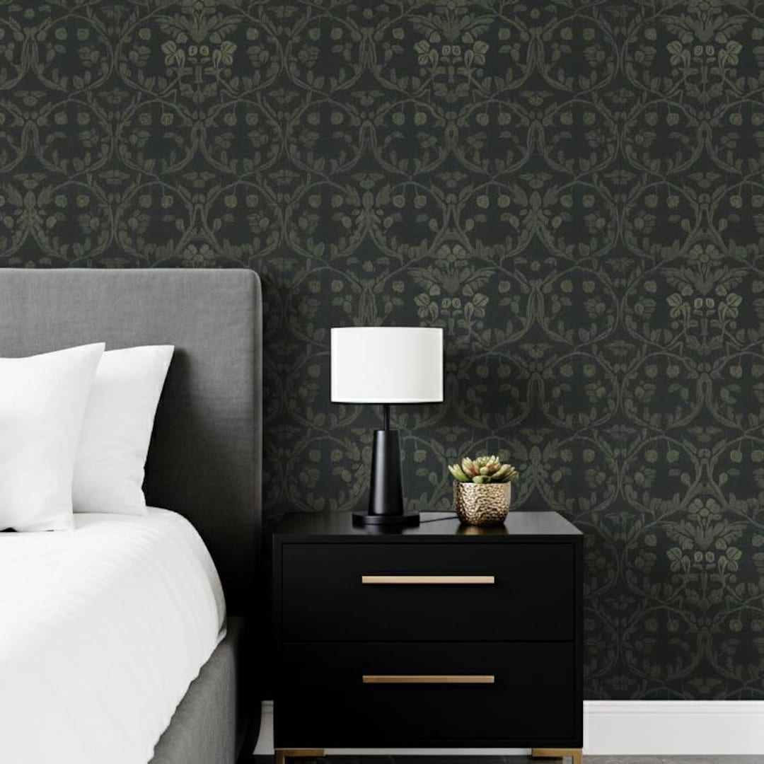 Dark Green Gothic Damask Wallpaper Moody Academia Victorian Mural
