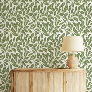 Minimalist Leaf Wallpaper Peel and Stick Elegant Leaf Wallpaper Sage Green Leaves Wallpaper Floral Wallpaper Modern Botanical Wallpaper