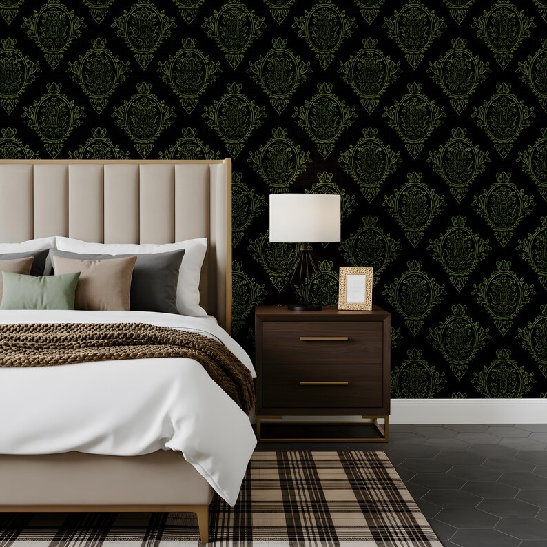 Black Dark Green Victorian Wallpaper Damask Baroque Moody Oval