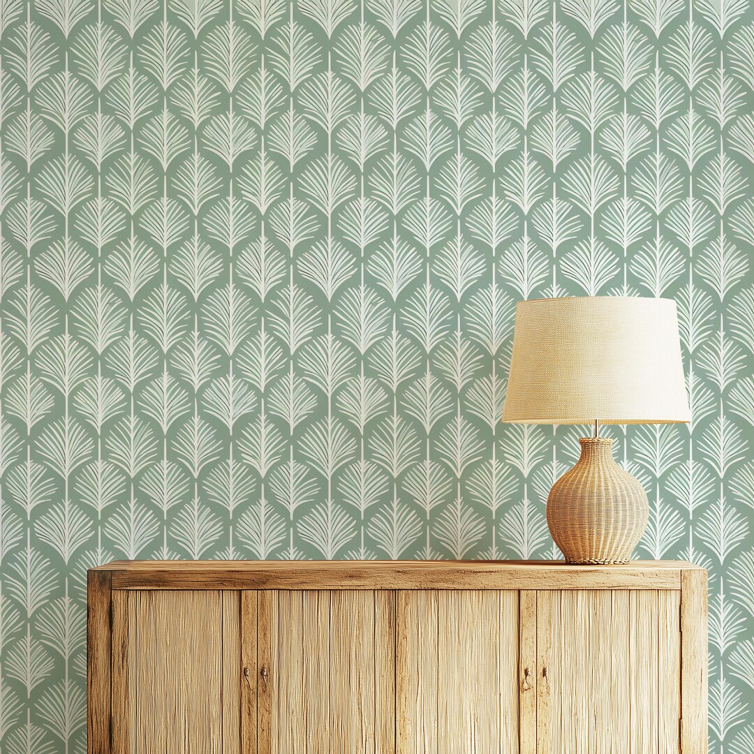 Vintage Tropical Palm Leaf Wallpaper Sage Green Art Deco Botanical ...