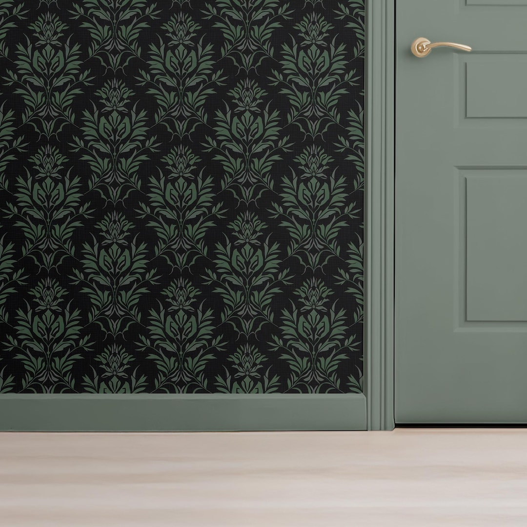 Dark Green Victorian Damask Wallpaper Black Dramatic Bold Gothic Mural