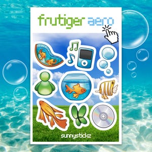 Frutiger Aero Sticker Sheet, Nostalgic Y2K Vinyl Stickers, Webcore Goldfish Stickers, Waterproof Decals for Laptop, Notebook, Water Bottle