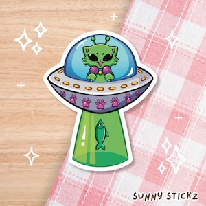 Alien Cat Sticker, Kitty in UFO Abducting a Fish