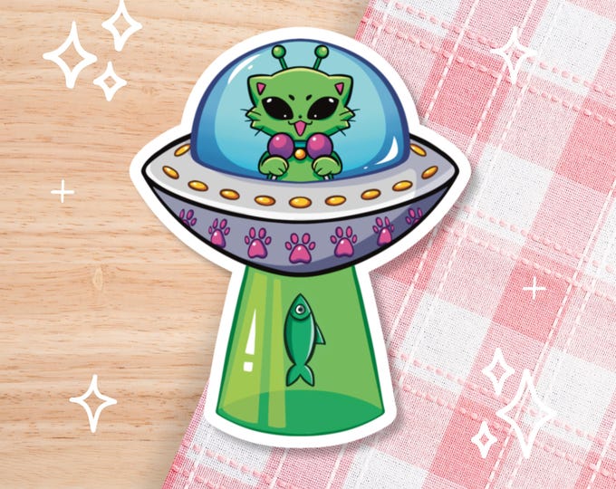 Alien Cat Sticker, Kitty in UFO Abducting a Fish - Etsy