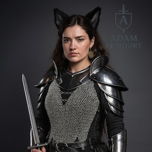 Lady Warrior Armor Fantasy Pauldrons, Gorget & Chainmail, Bracers| Medieval Lady Armor | LARP Women&#39;s armor Cosplay Armor | Gift For women
