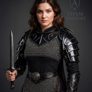 Lady Warrior Armor Fantasy Pauldrons, Gorget & Chainmail, Bracers| Medieval Lady Armor | LARP Women&#39;s armor Cosplay Armor | Gift For women