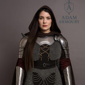 Lady Warrior Armor Fantasy Pauldrons, Gorget & Chainmail, Bracers| Medieval Lady Armor | LARP Women&#39;s armor Cosplay Armor | Gift For women
