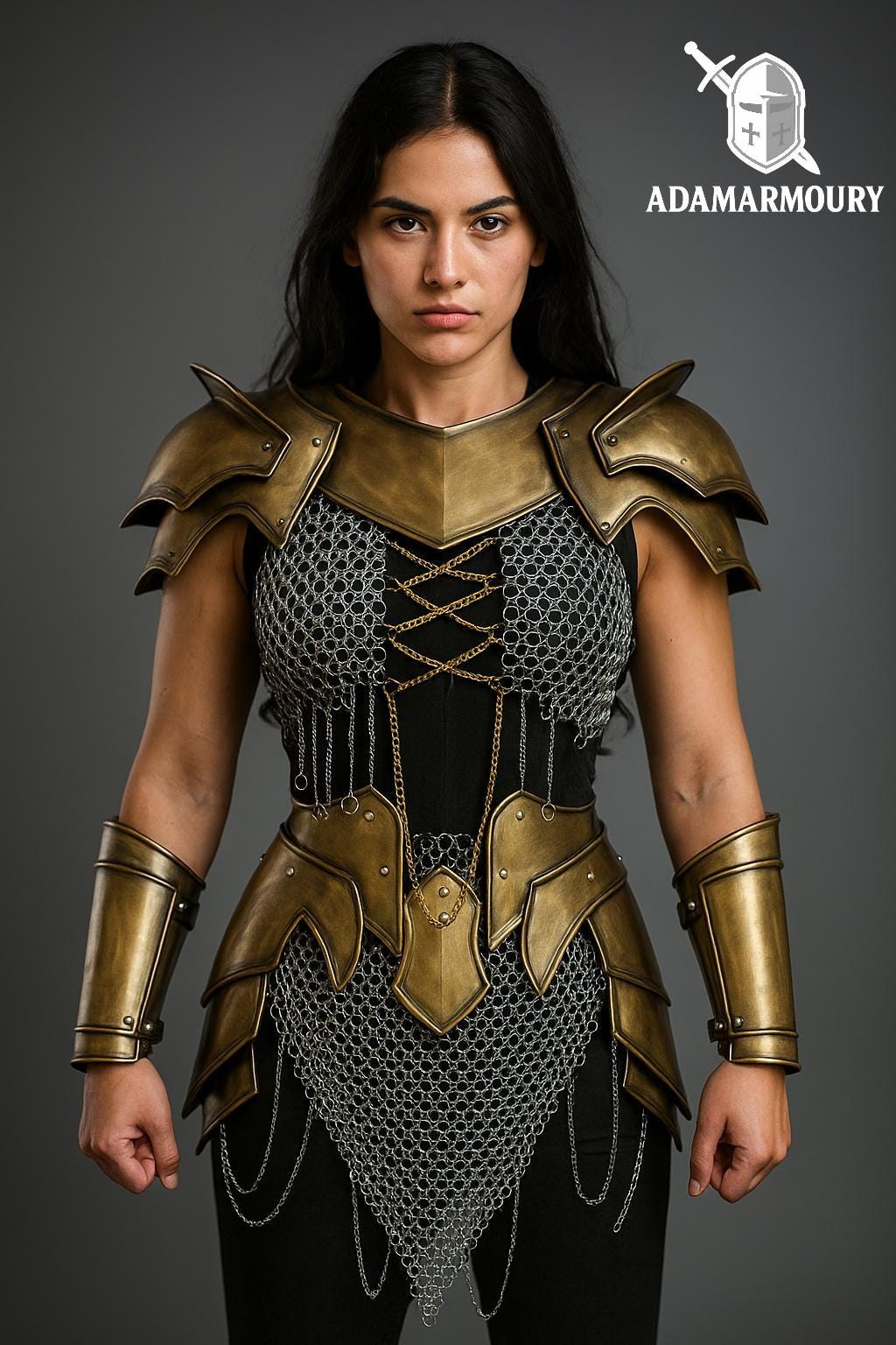 Golden Lady Warrior Half Body Armor | Pauldrons, Bracers & Chainmail |Lady Armor | LARP Women's armor Cosplay Armor | Female Knight