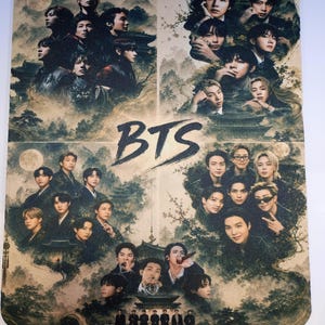 May include: A rectangular mouse pad featuring a collage of the musical group BTS. The design includes multiple portraits of the seven members arranged against a background of traditional East Asian architecture, mountains, and a full moon. The text BTS is printed in a bold, black, brush-stroke style font in the center of the image.