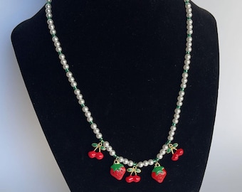 Strawberry and Cherry Necklace, enamel charm, jewelry for women