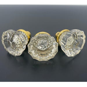 Vintage Fluted Clear Glass Door Knobs & Gold Brass Set of 3 Retro Home Decor