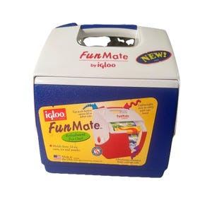 May include: A blue and white Igloo Fun Mate cooler with a red interior. The cooler has a handle and the text "Fun Mate" and "Refreshment For One!" printed on it. It holds three 12-oz cans, ice, and snacks.