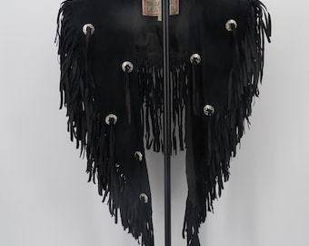 Chal/capa estilo western con flecos de gamuza negra, estilo años 80/90, talla M para mujer.