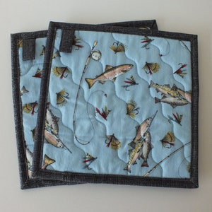 Rainbow Trout Quilted Pot Holders: Fishing Lodge Decor, Set of 2