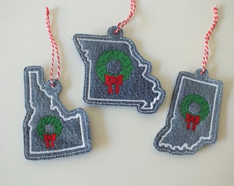 Recycled Jeans State Ornaments - Embroidered State Ornament