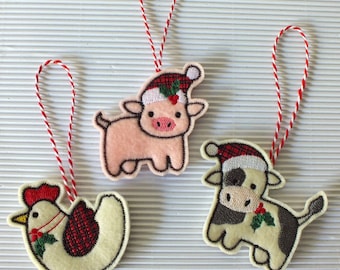Farm Animals Christmas Ornaments - Chicken Ornament - Pig Ornament - Cow Ornament