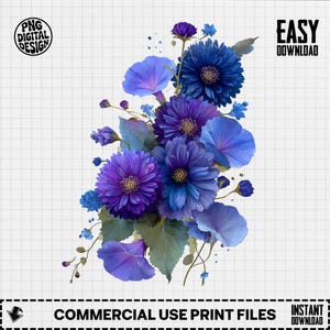 Può includere: Un design digitale con un bouquet di fiori blu e viola. La composizione include vari tipi di fiori, con petali dettagliati e foglie verdi. Il design include il testo "PNG DIGITAL DESIGN" e "EASY DOWNLOAD". La parte inferiore dell'immagine recita "COMMERCIAL USE PRINT FILES".