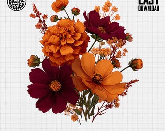Peut inclure: Illustration numérique d'un bouquet floral avec des fleurs orange, bordeaux et jaunes. Le bouquet comprend de grandes fleurs détaillées et de plus petits bourgeons. Le texte comprend "PNG DIGITAL DESIGN", "EASY DOWNLOAD", "COMMERCIAL USE PRINT FILES", et "INSTANT DOWNLOAD".