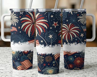 Diseño de envoltura sin costuras de fuegos artificiales patrióticos de 40 oz, diseño de vaso rojo, blanco y azul, vaso con bandera estadounidense PNG, envoltura para vaso del 4 de julio