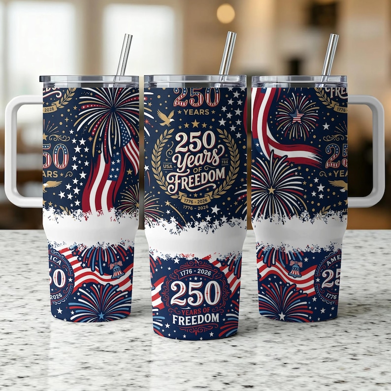 Tumbler with fireworks, USA flag, and "250 Years of Freedom" text.