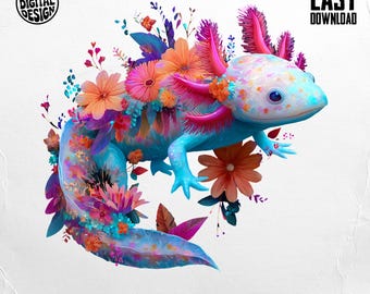 Axolotl PNG, Floral Axolotl, Salamander Png, Cute Axolotl Art, Sublimation Png, Digital Download, Axolotl Clipart