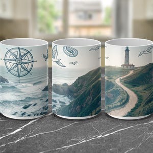 Tazze nautiche, tazze con faro, tazze costiere, tazze con vista sull&#39;oceano, tazze con rosa dei venti, tazze con uccelli, tazze con scena di spiaggia, regalo nautico