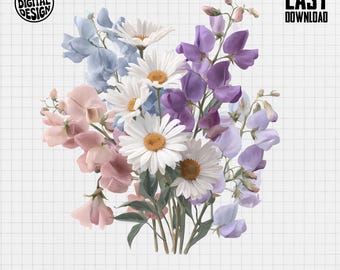 April Daisy Bouquet, Floral PNG Download, Sweet Pea Clipart, Spring Flowers Illustration, Digital Art Print, April Birth Flower