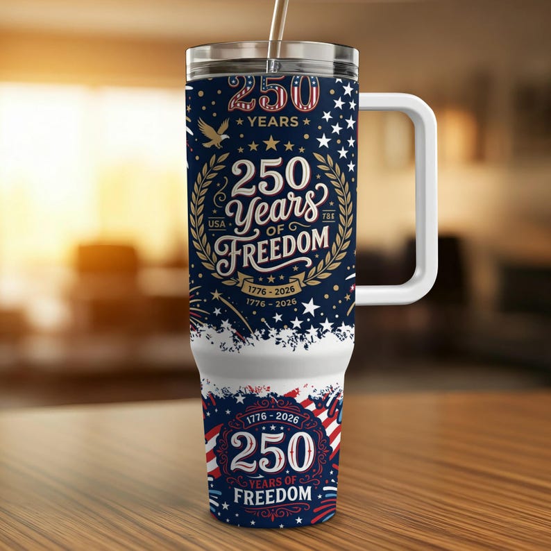 250 Years of Freedom USA 1776-2026 tumbler with handle.