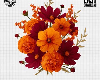 Peut inclure: Une conception numérique présentant un bouquet de fleurs vibrantes. L'arrangement comprend des œillets d'Inde oranges, des cosmos jaunes et des cosmos rouge foncé, avec des touches de brins oranges et de feuilles vertes. Le design inclut le texte "PNG DIGITAL DESIGN" et "EASY DOWNLOAD".