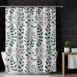 Green Leaves Shower Curtain, Botanical Print, Nature Inspired Bathroom Decor, Modern Bathroom Decor, Floral Shower Curtain, Leaf Pattern