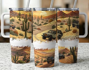 Envoltorio para vaso Desert Jeep de 40 oz, diseño Overlander sin costuras, paisaje de cactus al atardecer, vaso para aventuras todoterreno, regalo para amantes de los autos, diseño de vaso
