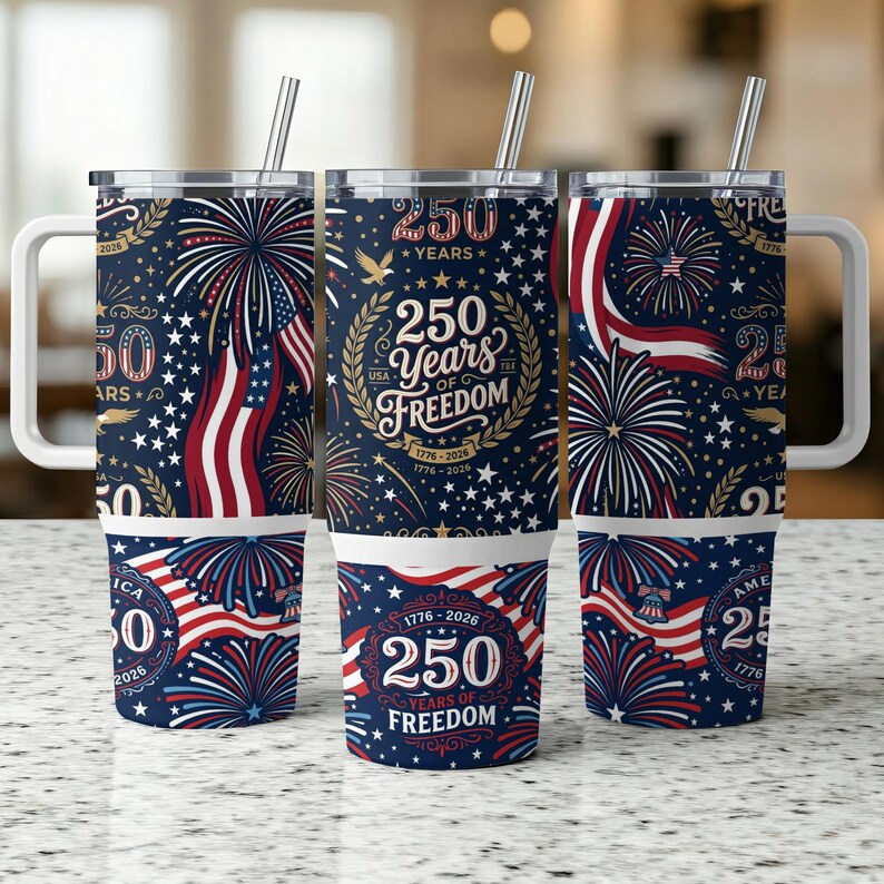Triptych of tumblers celebrating 250 years of American freedom with fireworks and flags.