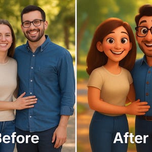 Custom Pixar Style Portrait from Photo – Personalized Digital Cartoon Drawing for Couples, Families, Kids & Pets – Fast Delivery