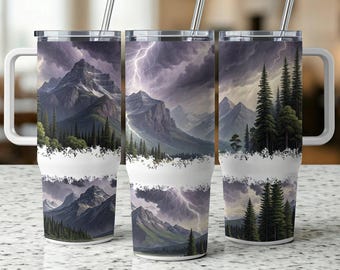 Envoltura de sublimación sin costuras Mountain Lightning de 40 oz, vaso Stormy Peaks, taza para amantes de la naturaleza, artículos para beber con paisajes, idea de regalo, solo archivos PNG