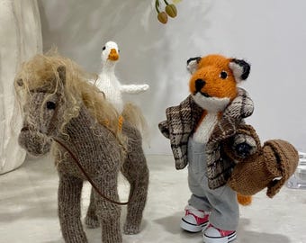 Hand-Knitted Fox Toys|Soft Plush Toys|Knitted Toys Collection|Cozy Fox with Backpack and Goose Friend|Christmas Basket Gift|Birthday Basket