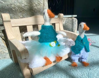 Hand Knitted goose toys |Goose Couple in Outfits|Gift toy basket   Christmas Gift Basket| soft toy goose| Birthday gift basket