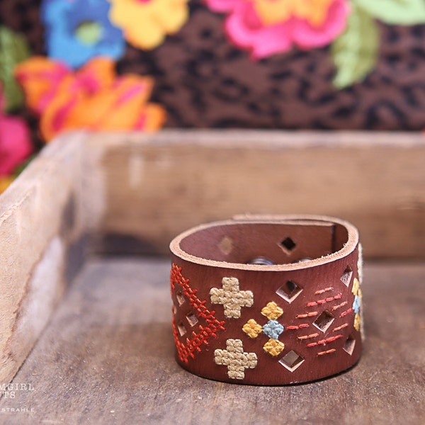CUSTOM HANDSTAMPED CUFF - bracelet - personalized by Farmgirl Paints - brown leather cuff with stitched design and cutouts