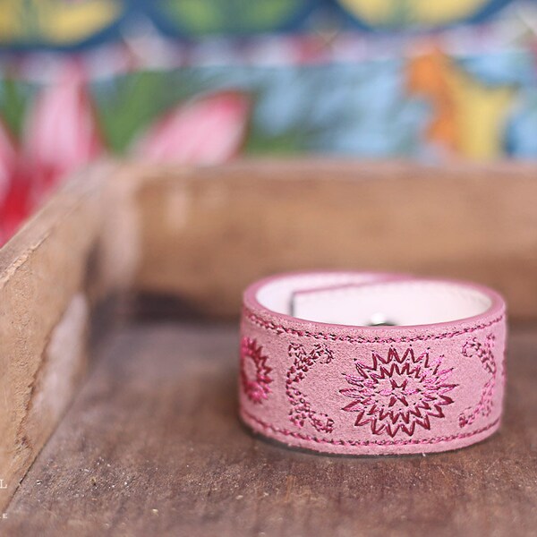 CUSTOM HANDSTAMPED CUFF - bracelet - personalized for you by farmgirl paints - pink suede leather cuff with pink stitched starburst designs