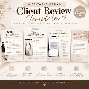 Peut inclure: Un ensemble de six modèles de commentaires clients Canva modifiables avec du texte brun foncé sur fond beige clair. Les designs incluent des espaces réservés pour les noms des clients, les notes, les noms d'entreprise et les réseaux sociaux.