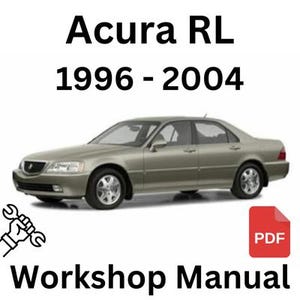 Puede incluir: Un coche Acura RL plateado, modelo de los años 1996-2004, con el texto "Manual de taller" y "PDF" en rojo. El coche está sobre un fondo blanco.