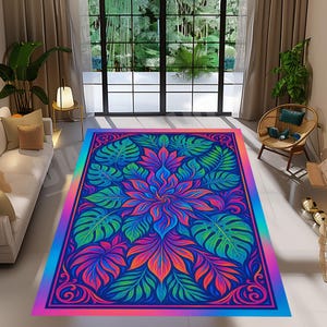 Neon Botanical Leaves Rug: 3D Print Velvet, Non-Slip Cotton Base