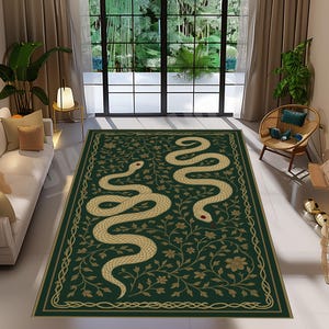 Puede incluir: Una alfombra rectangular verde con dos serpientes color crema con ojos rojos. La alfombra tiene un estampado floral y un borde decorativo. La alfombra está colocada sobre un suelo blanco en un salón.