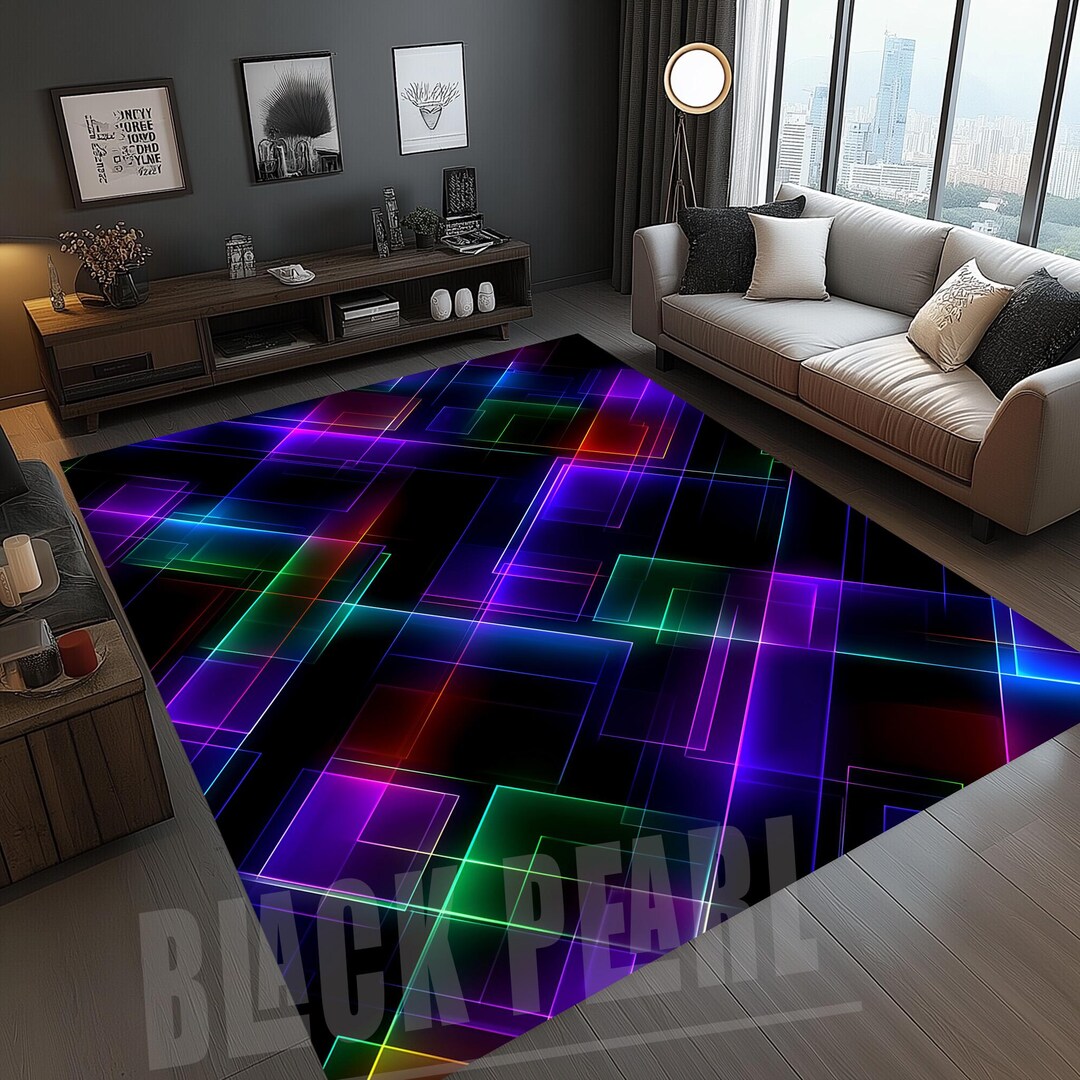 Neon Geometric Rug, Abstract LED Light Effect, Futuristic Gaming Room ...