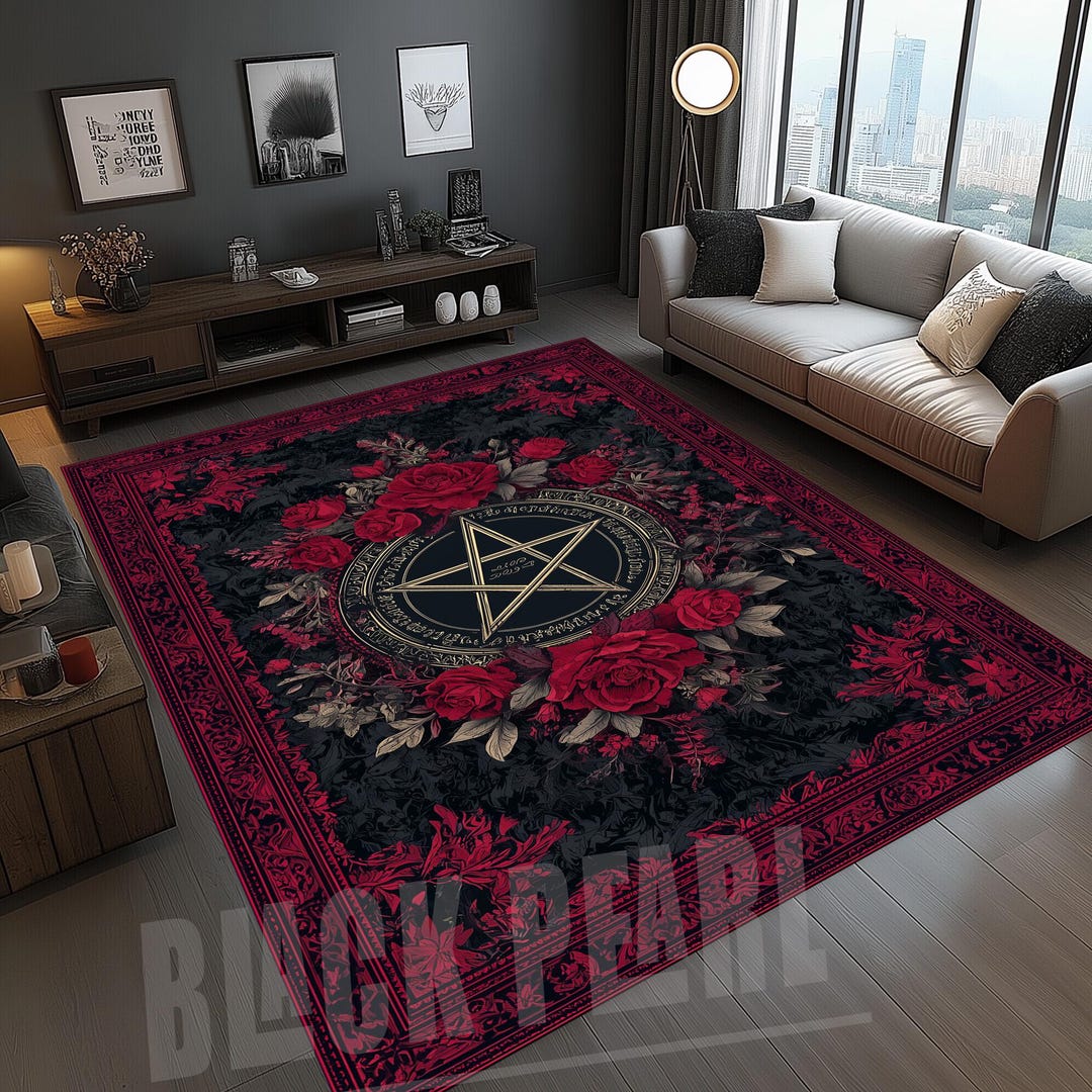Gothic Pentagram Rose Rug, Dark Witchy Pentacle Carpet, Fantasy Living ...