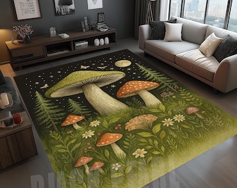 Tappeto Mushroom & Moon: design foresta, parte superiore in velluto