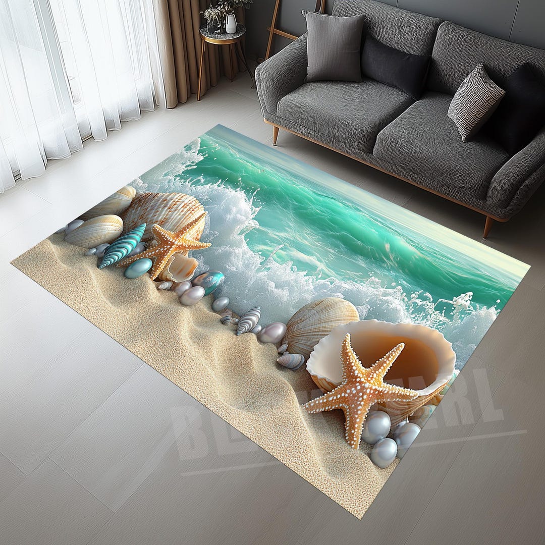 Shell Garage Rug Teal Sea Rug: Starfish & Shells Beach Decor - Etsy
