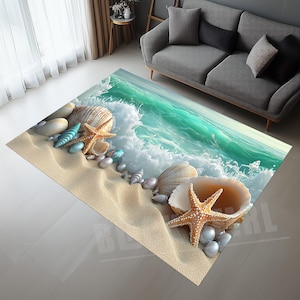 Puede incluir: Alfombra rectangular con una escena de playa con una ola turquesa, conchas marinas, estrellas de mar y arena. La alfombra tiene un efecto 3D realista, creando un tema costero.