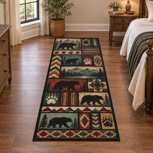 Black Bear Decor Rug, Cabin Lodge Art Rug, Mountain Woodland Rug, Rustic Patchwork Rug, Forest Paw Rug, Wilderness Farmhouse Rug