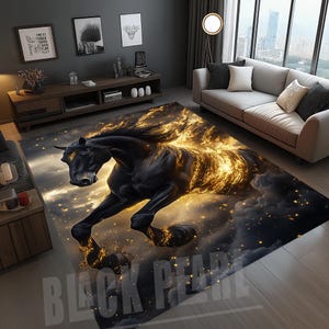 Black Horse Rug: Modern Forest Animal Design, Non-Slip Cotton Base